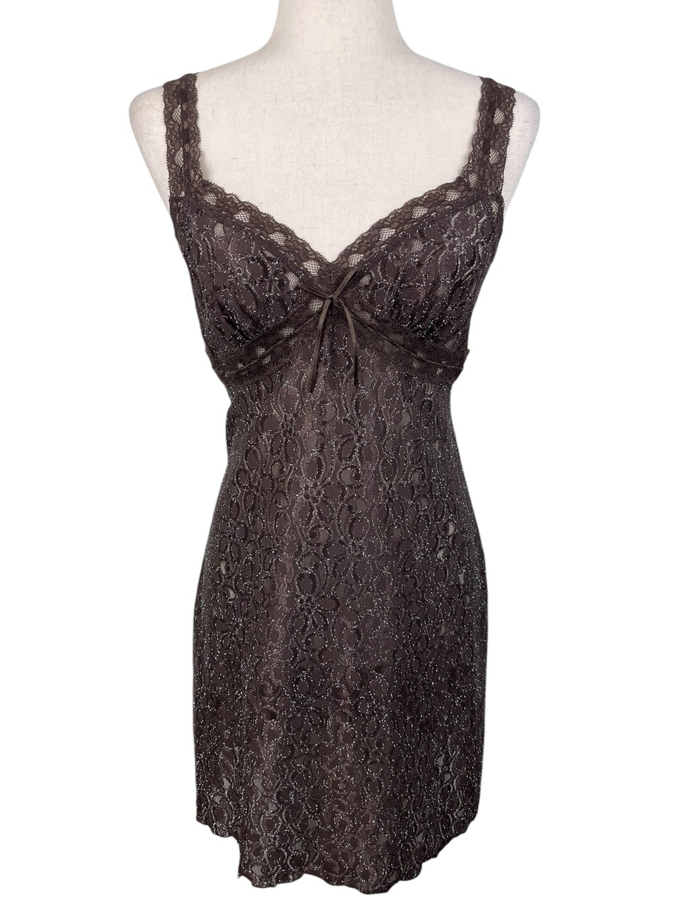 Vintage Y2K Morgan Taylor Intimates Brown Glitter Babydoll Slip Dress Fairycore - Picture 1 of 11